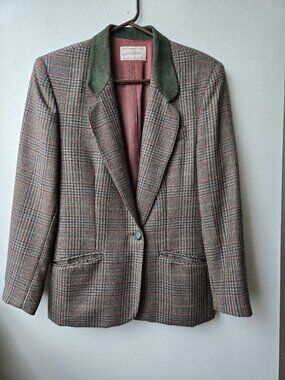 Lindor Womens LG Houndstooth Wool Blazer Suede Collar Academia Equestrian Boy